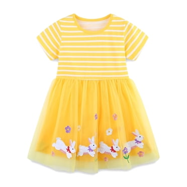 GDREDA Robe de Fête pour Tout-Petit Robe Fille Tout-Petit Tunique en Maille à Manches Courtes Robes d'Été Jaune, 5-6 Ans