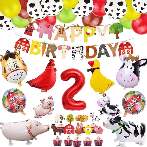 2nd Farm Birthday Party Supplies for Boys Girls Barnyard Animal Birthday Party Decorations Farm Happy Birthday Banner Cupcake Toppers