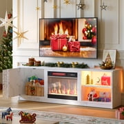 Pinmoco Electric Fireplace TV Stand for TVs up to 70", LED Entertainment Center With Cabinet & Shelves, TV Media Console Table for Living Room, Bedroom, White Marble