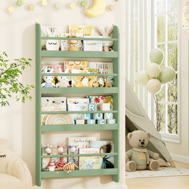 Homfa Bibliothèque Murale à 4 Niveaux, Étagère Murale pour Enfants de 43,7 Po de Hauteur, Étagère de Rangement pour Livres pour Chambre d'Enfant, Vert