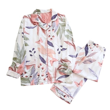 RKSTN Womens Pajama Sets Cotton Lightweirht Floral Printed Sleepwear Long Sleeve Turndown Collar Pockets Tops with Pants