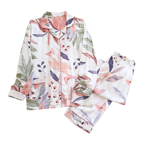 RKSTN Womens Pajama Sets Cotton Lightweirht Floral Printed Sleepwear Long Sleeve Turndown Collar Pockets Tops with Pants