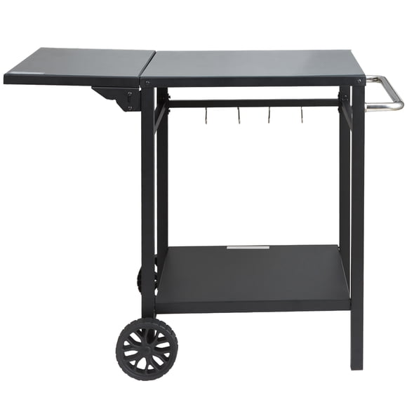 KFFKFF Outdoor BBQ Dining Truck with Double Shelves, BBQ Moving Food Prep Table, and Multifunctional Foldable Dining Table Top.