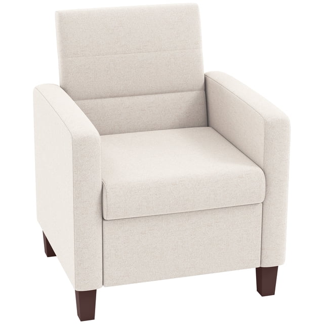 HOMCOM Modern Accent Chair Fabric Armchair in cream white, featuring a breathable linen-feel fabric upholstery and medium-density foam cushions for comfort. The chair includes a removable, zippered seat cushion for easy cleaning and non-slip foot pads to protect floors. It has a sturdy plywood frame and measures 28 inches wide, 30.7 inches deep, and 34.3 inches high. Suitable for living rooms and bedrooms, it offers a stylish and cozy seating option.