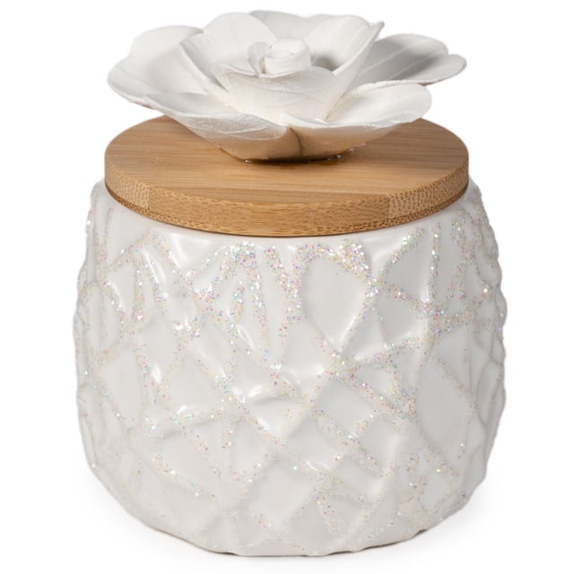 ScentSationals Botanical Diffuser - Branches with a white wicking ceramic flower on a textured glittery white ceramic base topped by a bamboo lid, dispersing essential oils for aromatherapy without water or electricity, suitable for enhancing home fragrance.