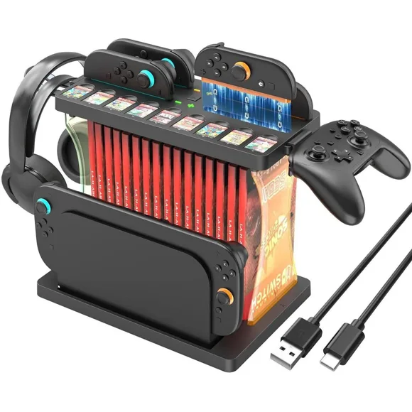 Station d'Organisation de Jeux avec Chargeur de Manettes, Station de Recharge pour Nintendo Switch 2, Support d'Exposition pour Station Switch 2, Étuis de Jeu et Manettes Pro, Support d'Accessoires avec Éclairage RVB