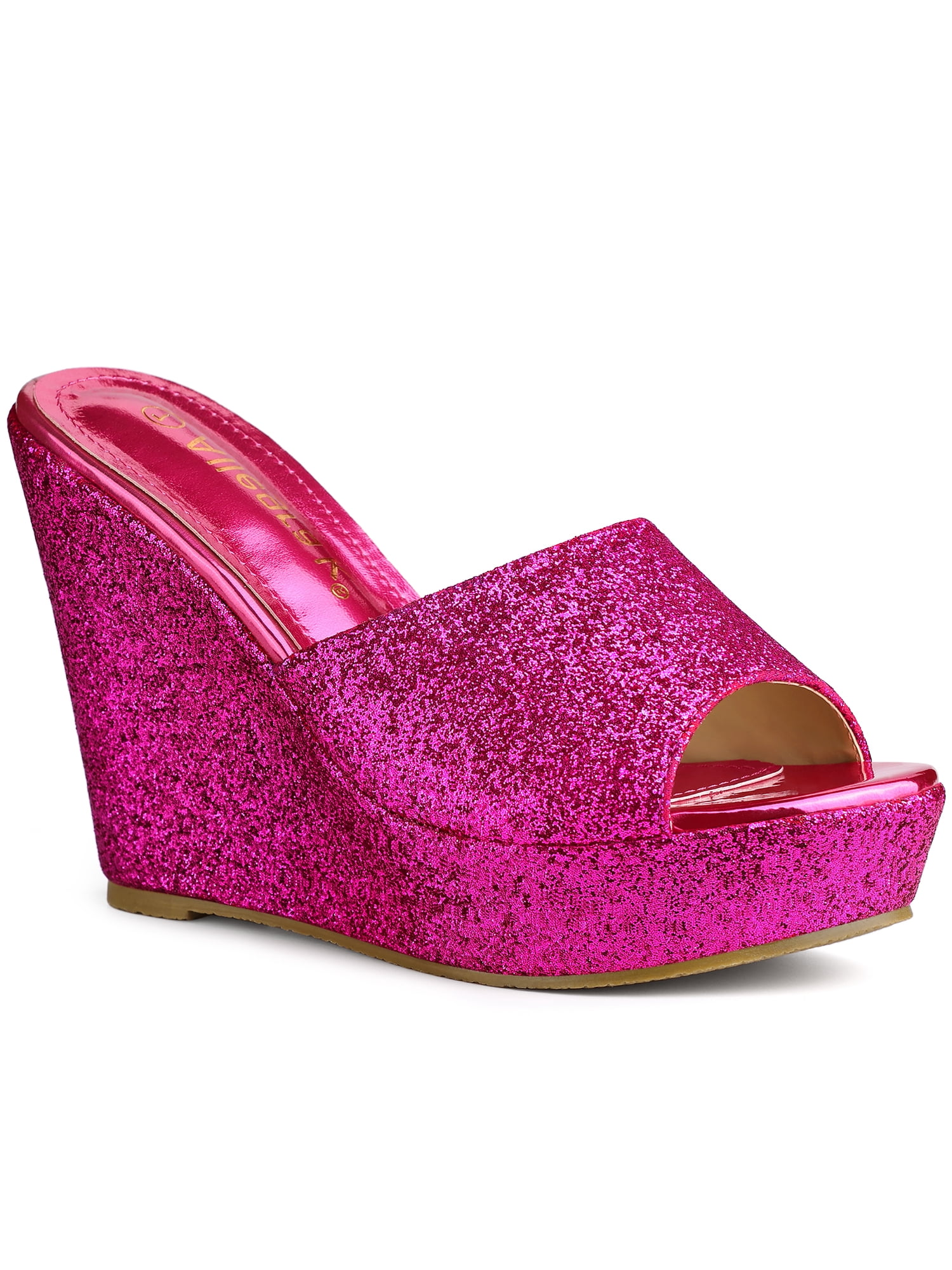 BLISSFUL STEP Women's Glitter Wedge Slide Sandals Open Toe Platform Mules Hot Pink 7