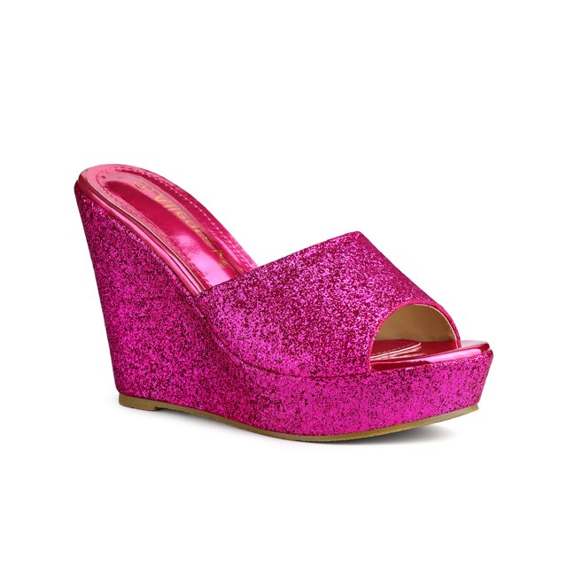 BLISSFUL STEP Sandales à Talon Compensé à Paillettes pour Femmes, Mules à Plateforme à Bout Ouvert, Rose Vif, 7