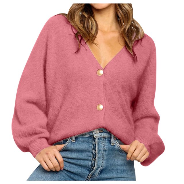 XZNGL Ladies Fashion V-neck Solid Color Button Loose Sweater Outer Sweater