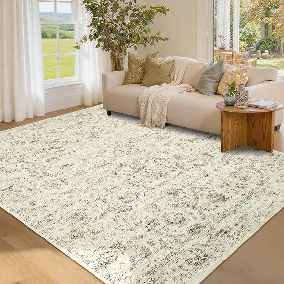 Washable Rugs 5x7 Machine Washable Rug for Living Room Vintage Distressed Printed Rugs with Non Slip Backing, Non Shedding Stain Resistant Bordered Carpet for Bedroom, Living Room, Beige