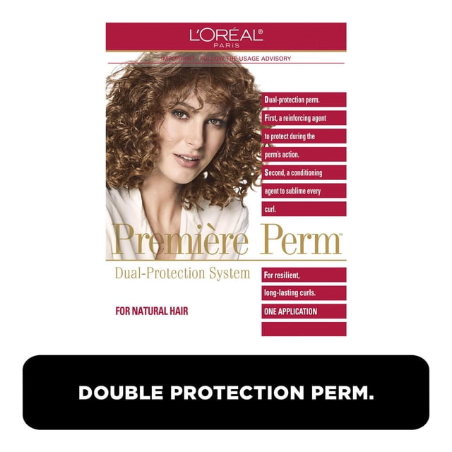 L'Oréal Paris Première Perm Dual-Protection System for Natural Hair packaging showing curly hair and text explaining the dual-protection perm with a reinforcing agent that protects hair fiber during perm action and a conditioning agent that enhances curls for resilient, long-lasting curls in one application.