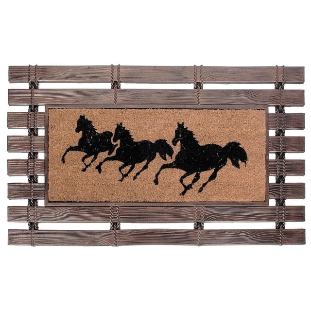 Running Horses Rubber Fence with Coir Door Mat featuring a rectangular natural coir mat with black silhouettes of three running horses, bordered by a brown rubber fence designed to resemble wooden slats, measuring 18 by 30 inches, ideal for keeping indoor entryways clean and suitable as a decorative accent mat.