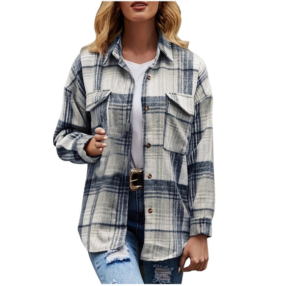 UPPADA Plaid Flannel Shirts for Women Plaid Flannel Shirts Oversized Long Sleeve Button Down Buffalo Plaid Shirts Dressy Blouse Tops with Pockets Light Blue,L