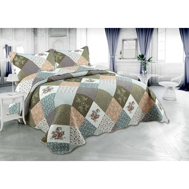 Marina Decoration Couvre-lit Pinsonic imprimé en relief ultra doux avec taies d'oreiller, motif à carreaux floraux en diagonale moderne