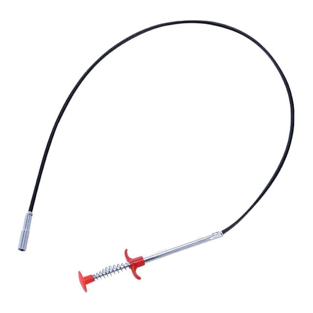 GUOOL Drain Clog Remover Sink Cleaning Hook Sewer Dredging Tool Cleaner 60cm with a flexible black metal shaft, spring-loaded grip, and red handle. Ideal for bathroom cleaning tasks, including removing hair clogs and debris from drains using its claw end.