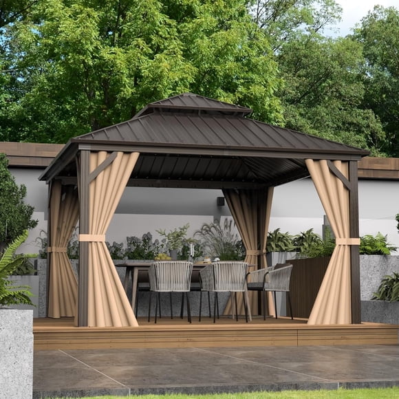 Domi Outdoor 12x12 ft Hardtop Gazebo Canopy Metal with Galvanized Steel Double Roof,Curtain & Netting for Patio Deck Backyard, Brown