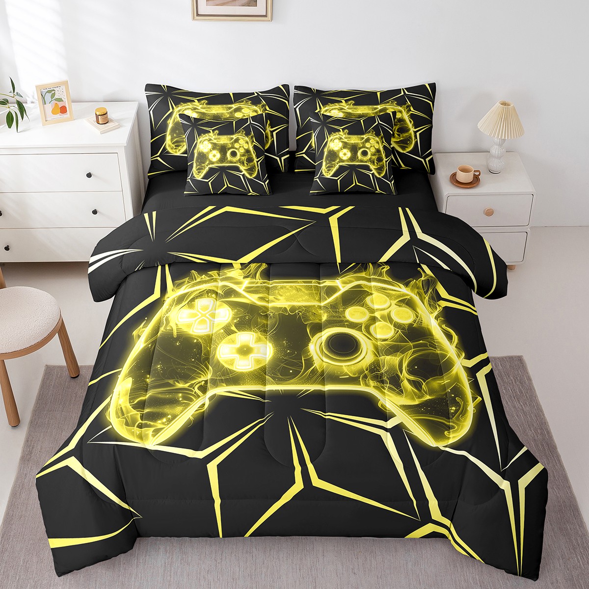 Erosebridal Futuristic Gamepad Bedding Sets Queen Size, Gaming Sport Comforter Sets with Sheets, Striped Decor, Reversible 7-Piece