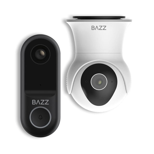 Smart Home Wi-FI Outdoor Security Kit showing a black rectangular doorbell with a camera lens and circular bell button, alongside a white dome-shaped outdoor security camera with central lens and BAZZ branding, featuring 1080p HD video, two-way audio, motion sensor, and infrared night vision.