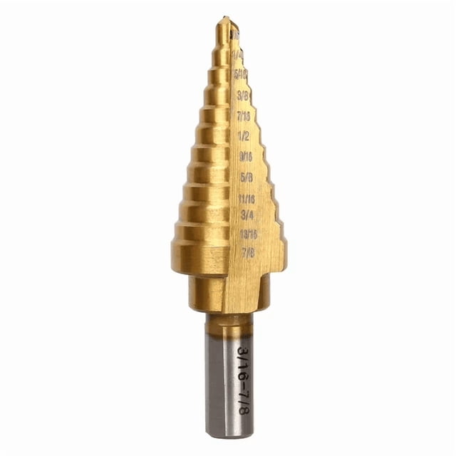 Hyper Tough 12-Step Split Point Titanium Coated Drill Bit with a gold titanium-coated stepped cone marked with 12 sizes from 3/16-inch to 7/8-inch and a silver shank, featuring a split point tip to prevent walking, suitable for enlarging holes in metal, wood, and plastic materials.