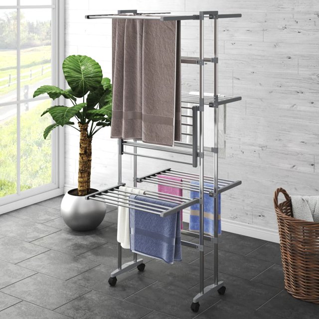 vidaXL Séchoir à Linge à 3 Niveaux avec Roues Argent 60x70x129 cm
