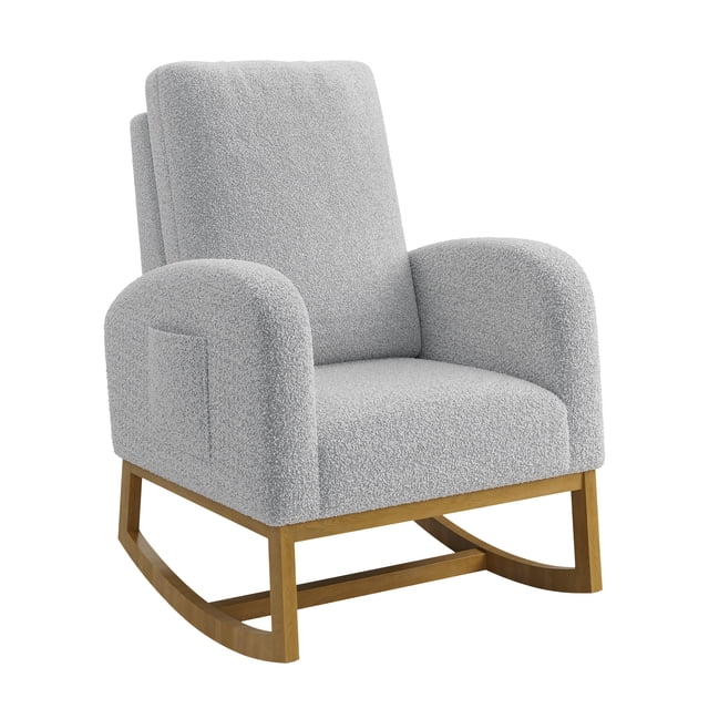 Nursery Rocking Chair for Living Room, Upholstered Rocker Armchair with Wood Legs, Mid-Century Modern Tall Back Accent Glider Rocker with Side Pocket for Bedroom, Light Grey
