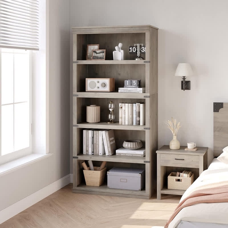 Ourlova 5 Tier Bookcase, Farmhouse Book Shelf with Storage Open Display Bookshelves, 71" Tall Book Case Wooden 5 Shelf Bookcase Home Decor Furniture for Home Office, Living Room, Bed Room - Grey