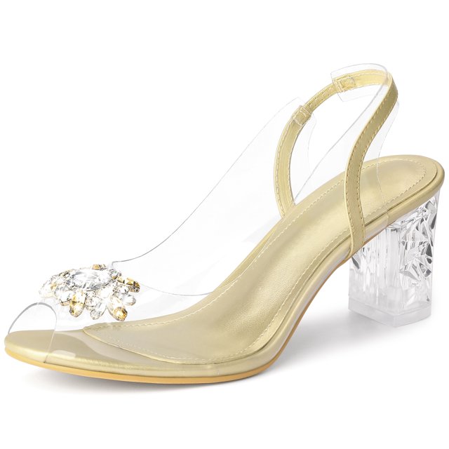 BLISSFUL STEP Sandales à Talon Bloc à Bout Ouvert à Bride Arrière Transparente avec Strass pour Femmes