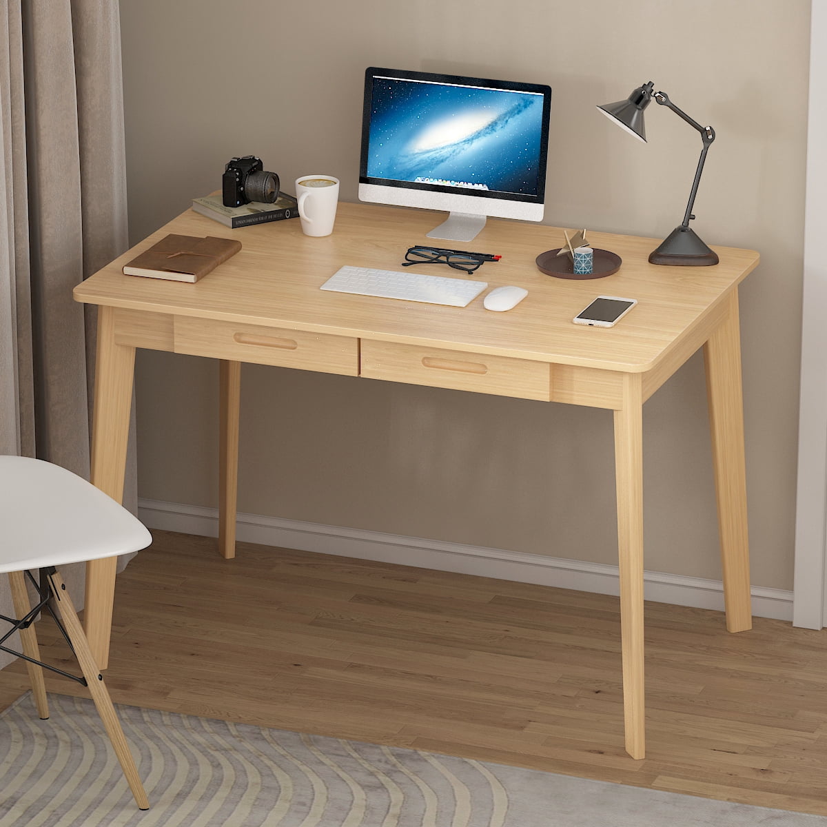 Home Office Desk Computer Desk, Writing Table with Drawers Study Workstation, Walnut, 39.4"*21.7"