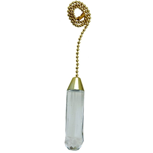 Atron Electro Industries Acrylic Cylinder Pull Chain with a clear acrylic cylindrical pull featuring a faceted base and polished brass cone cap, attached to a 12-inch brass beaded chain coiled above, suitable for ceiling fan or light fixture replacement or upgrade.