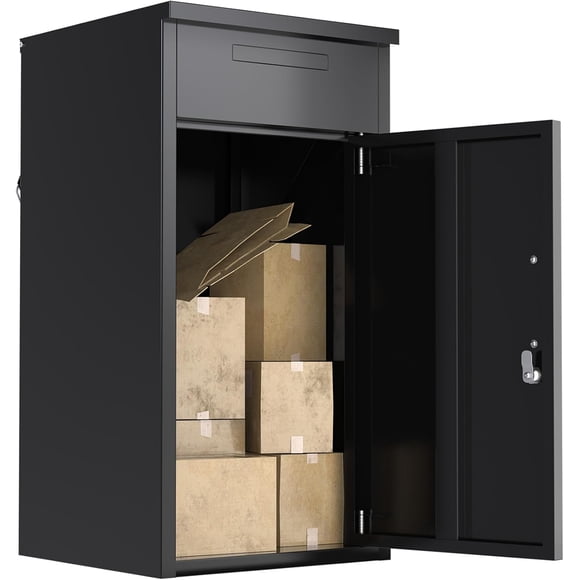 AECOJOY 170L Metal Parcel Box with Lockable Lid & Slot, Wall/Floor Use, for Porch, Garden & Front Entry, Black