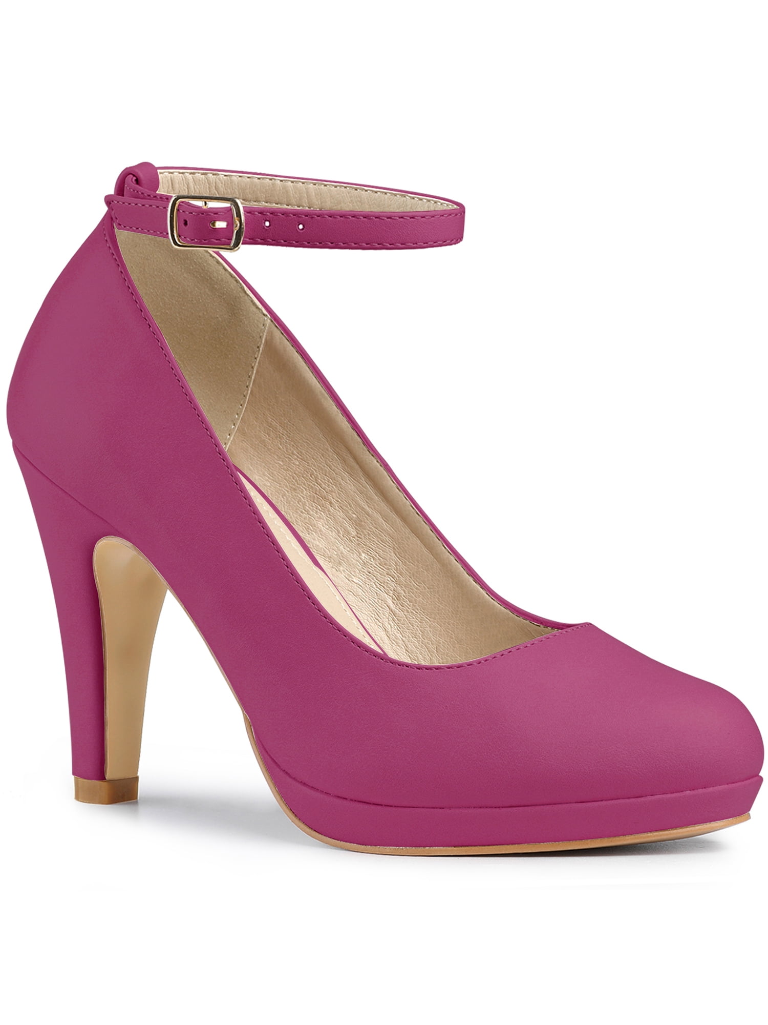 BLISSFUL STEP Chaussures pour Femmes Bout Rond Talon Aiguille Bride à la Cheville Escarpins Rose Vif 7