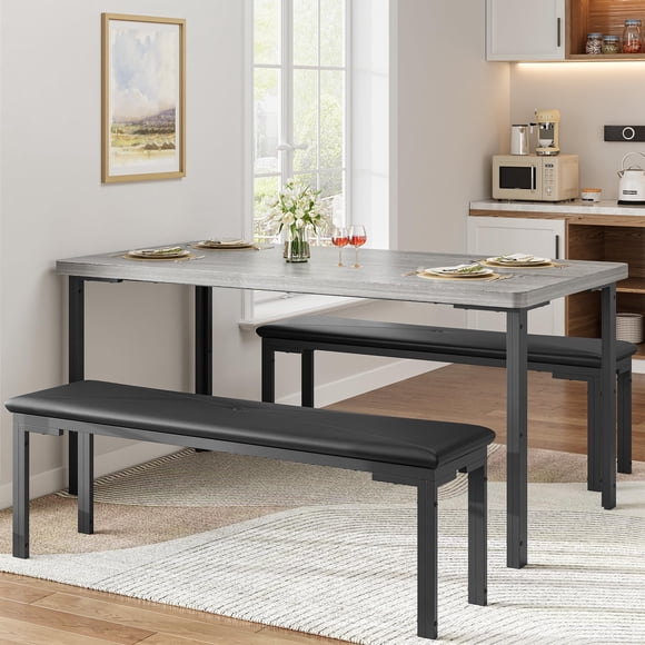 TROPOW Table Ensemble à Manger pour 3, Ensemble de Table de Cuisine Compact avec 2 Banquettes Rembourrées, Table à Manger Rectangulaire Moderne Chaise pour Petits Espaces, Appartement, Gris