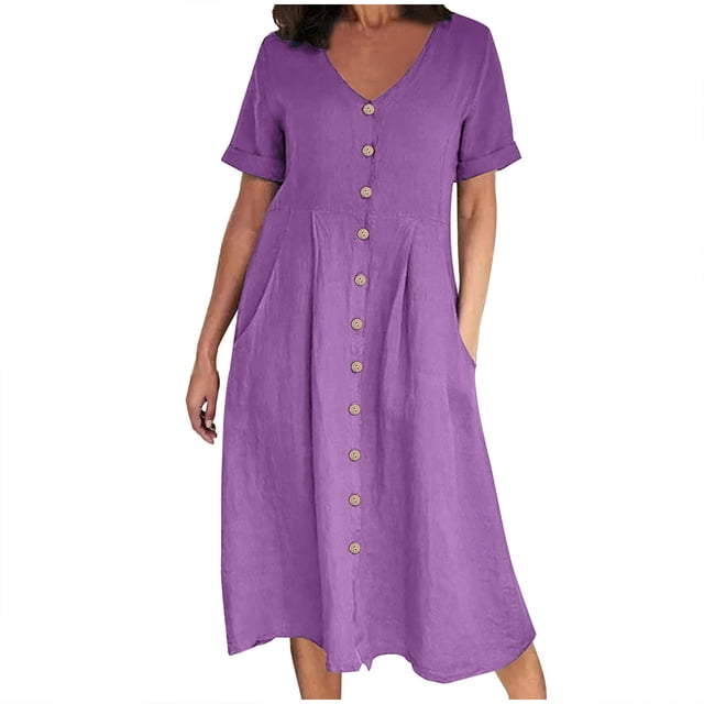 Bigersell Robes Midi pour Femmes Offres Femme Col en V Manches Courtes Robe Chemise Midi Style D-83 Robe de Fête Midi Grande Taille Robes d'Été, Violet P