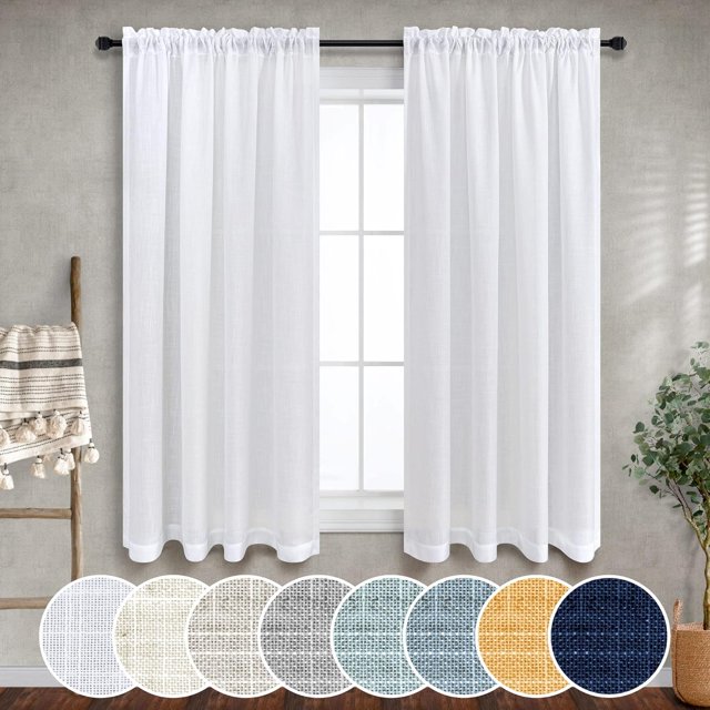 Pure White Linen Curtains 45 Inch Length for Kitchen Windows 2 Panel Set Rod Pocket Cafe Tier Light Filtering Cotton Look Casual Weave Textured Short Sheer Curtains for Bedroom Laundry Room 52x45 Long
