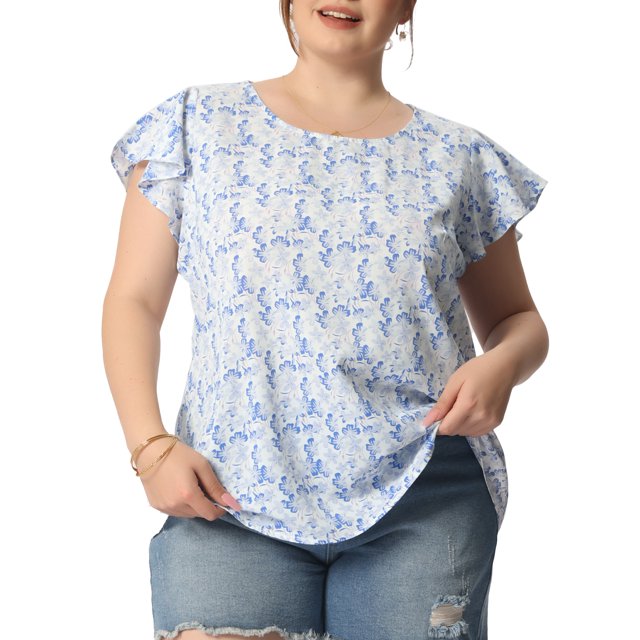 GRACE & GRANDEUR Hauts Floraux pour Femmes Grande Taille Col Rond Manches Courtes Évasées Blouse Décontractée Printemps Été 1X Bleu Blanc