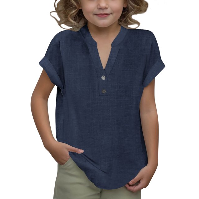 DecSea Linen Shirts for Kids 2025 Summer Button Down V Neck Short Sleeve Tops Casual Solid Blouses