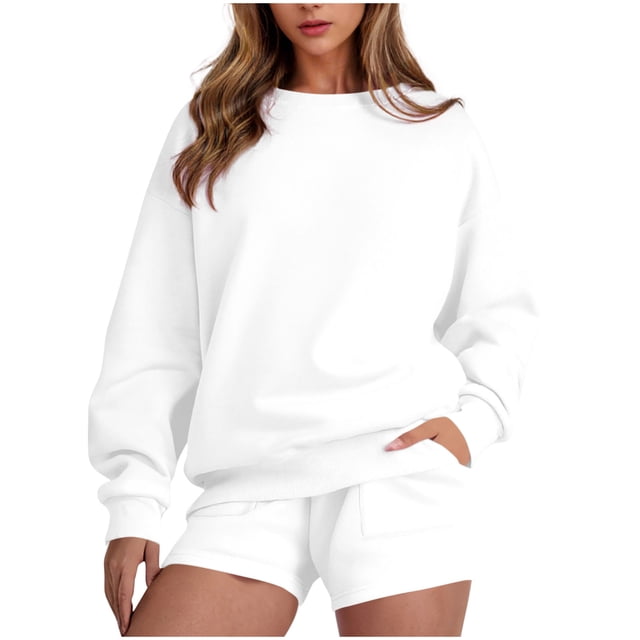 HAiming Ensemble 2 Pcs pour Femmes Chandail Col Rond Chandails en Molleton et Shorts Surdimensionnés Amples