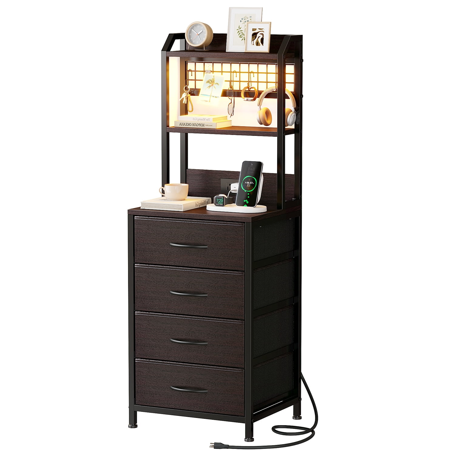 Kousei Nightstand with Charging Station & LED Light, 4 Fabric Drawers & 3 Shelves Bedside Table, Modern End Table for Bedroom,Brown