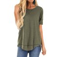 thumbnail image 4 of Women T-shirt Solid Color Stitching Solid Color Top Asymmetrical Hem Blouse, Khaki, XL, 4 of 6