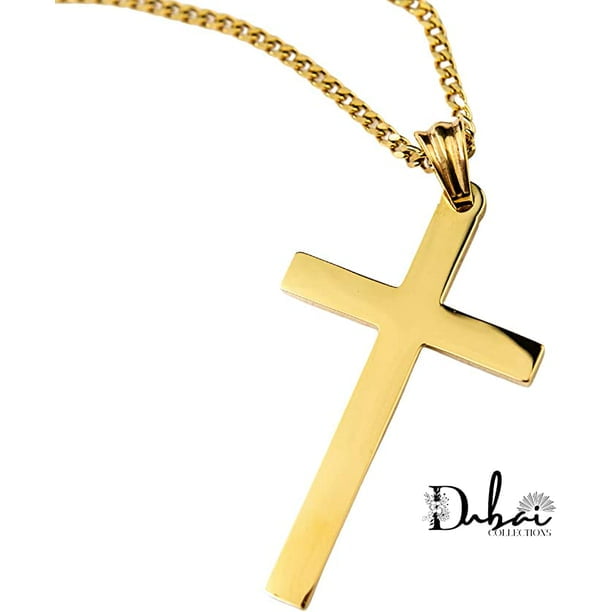 24K Gold Chain Style Cross Pendant Necklace available in lengths 18, 20, 22, and 24 inches. Features a sturdy Cuban link chain with a polished cross pendant, plated for a solid gold finish to prevent tarnishing. Nickel and lead-free, suitable for everyday wear. Includes a gift box. Brand: Dubai Collections.