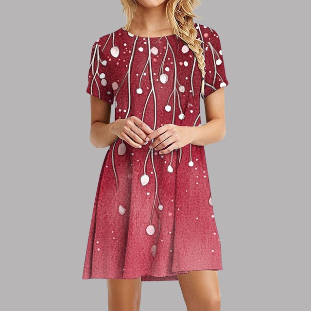 Ovzne Robes d'Été pour Femmes Robe de Plage Femmes Décontractée Imprimée à Manches Courtes Col Rond Robe pour Dames Robe de Vacances à Manches Courtes Imprimée Liquidation