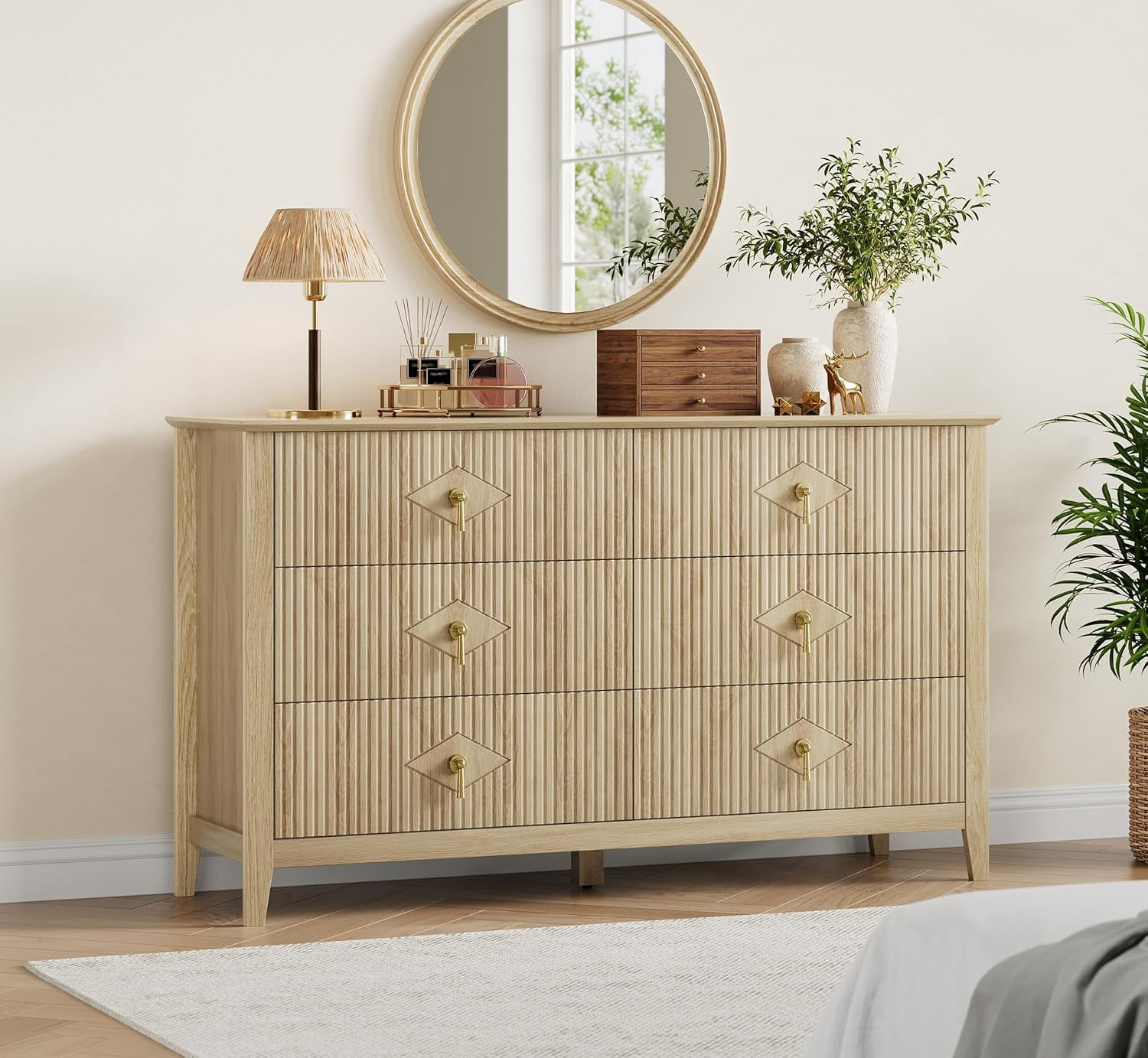Dresser for Bedroom with 6 Drawers, 54 in Extra Wide Modern Chest of Drawers with Metal Handle, Dresser TV Stand, Wood Drawer Organizer for Bedroom, Living Room, Hallway