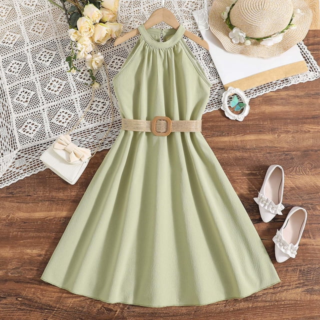 YOUSNH Robe Princesse Unie Sans Manches pour Tout-Petites Filles, Robe de Danse Fête, Vêtements, Robes pour Filles, Vert, 9-10 Ans