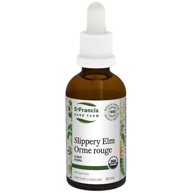 St. Francis Herb Farm Slippery Elm tincture in a 50 mL amber glass bottle with a white dropper cap. The label features the brand logo, product name in English and French, and certifications such as USDA Organic. This herbal supplement is traditionally used to relieve gastrointestinal inflammation, soothe sore throats, and support digestive health. Made in Canada and certified organic.