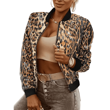Veste Bomber pour Femme Manteau Décontracté à Fermeture Éclair Manteau d'Extérieur Coupe-Vent avec Poches Léopard à Paillettes TTG