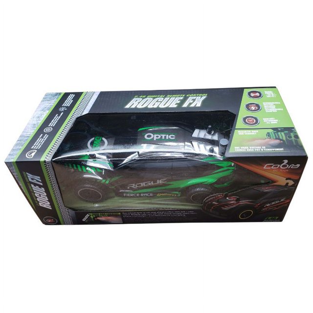 909349 - COBRA RC ROGUE F/X STEAM CAR in green and black, packaged in a branded box with visible product details and design highlights. This Relaxus RC car is ideal for kids and enthusiasts, featuring sleek styling and remote-control functionality.