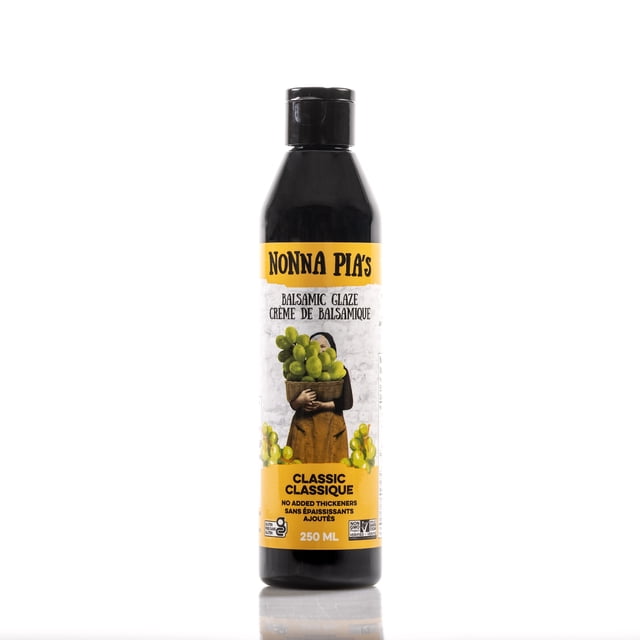 Nonna Pia's Balsamic Glaze Classic 250 ml bottle with yellow label featuring a person holding green grapes, labeled no added thickeners and non-GMO verified, suitable for marinades and cooking sauces in pantry food.