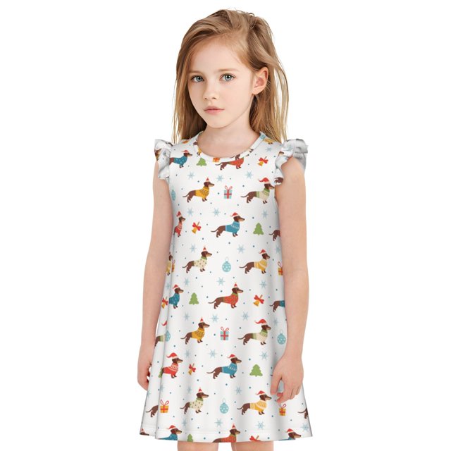 Vsdgher Teckel Flocon de Neige d'Hiver pour Filles Chemises de Nuit Tout-Petits à Volants Manches Courtes Nuisette Robe de Nuit Tenue de Sommeil Pyjamas pour Fête Pyjama-X-Grand