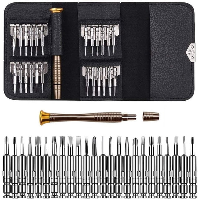 Professional tool set with 25 pieces, including a pentalobe screwdriver, Torx, Philips, and flathead screwdrivers, designed for repairing smartphones, tablets, and other micro-electronics. The set features 24 precision bits in various sizes, a durable aluminum handle, and a compact black leather carrying case. Suitable for use with devices like iPhones, iPads, Samsung smartphones, gaming consoles, cameras, and glasses.