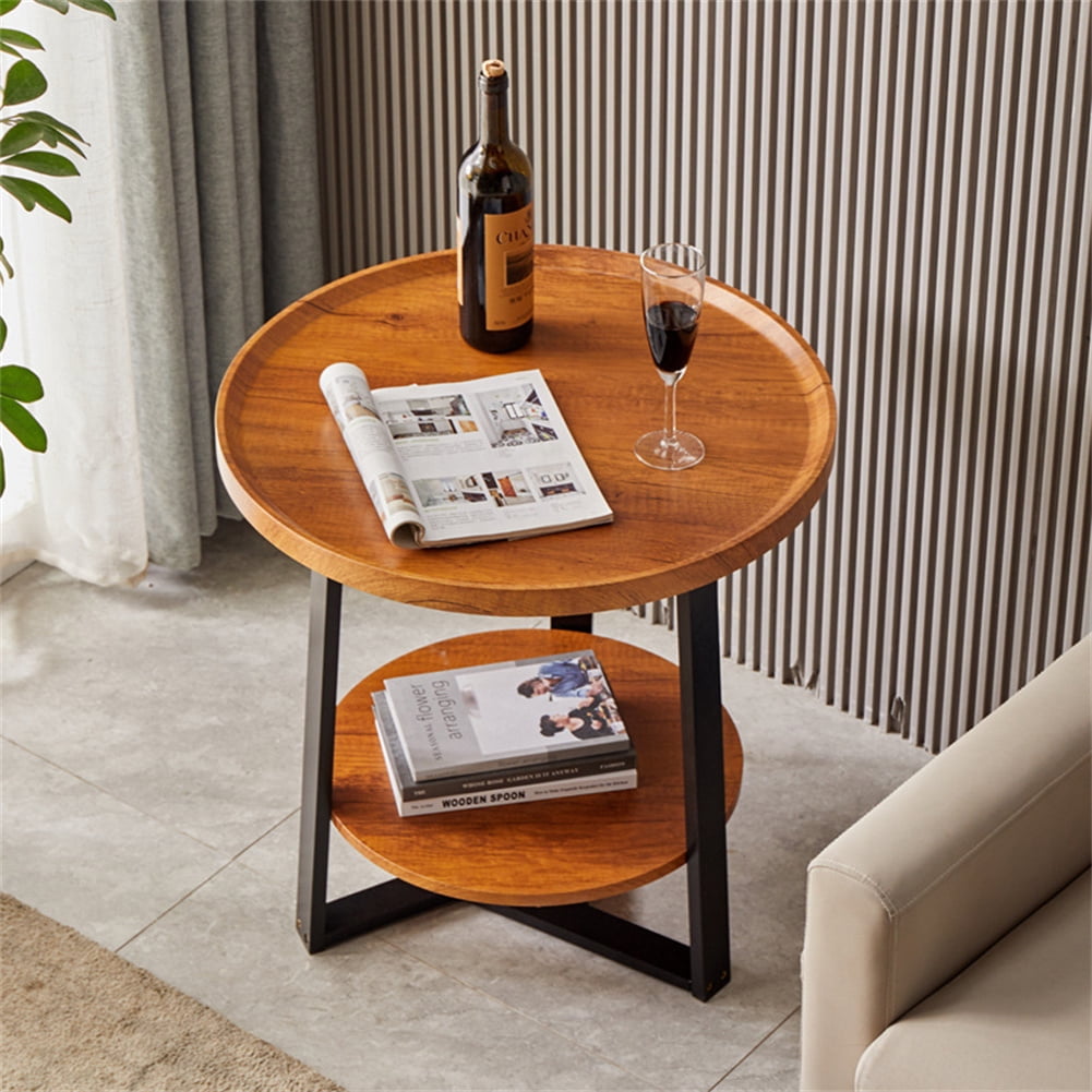 BeesClover Round End SideTable, 19.7in Wooden Bedside Table Nightstand with Large Tabletop & Black Metal Frame, 2-Tier Storage for Living Room